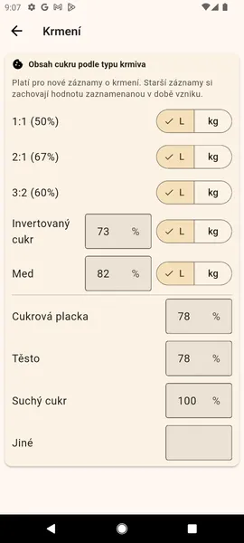 Nastavení → Krmení, Obsah cukru podle typu krmiva