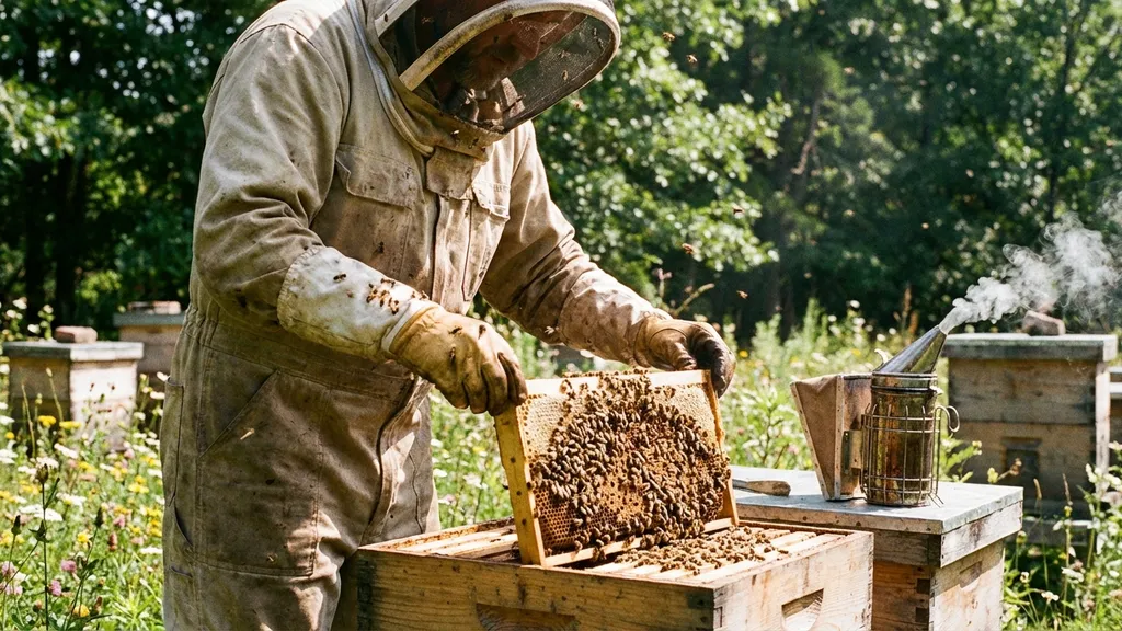 Včelař při prohlídce úlů — bez psaní, bez sundávání rukavic