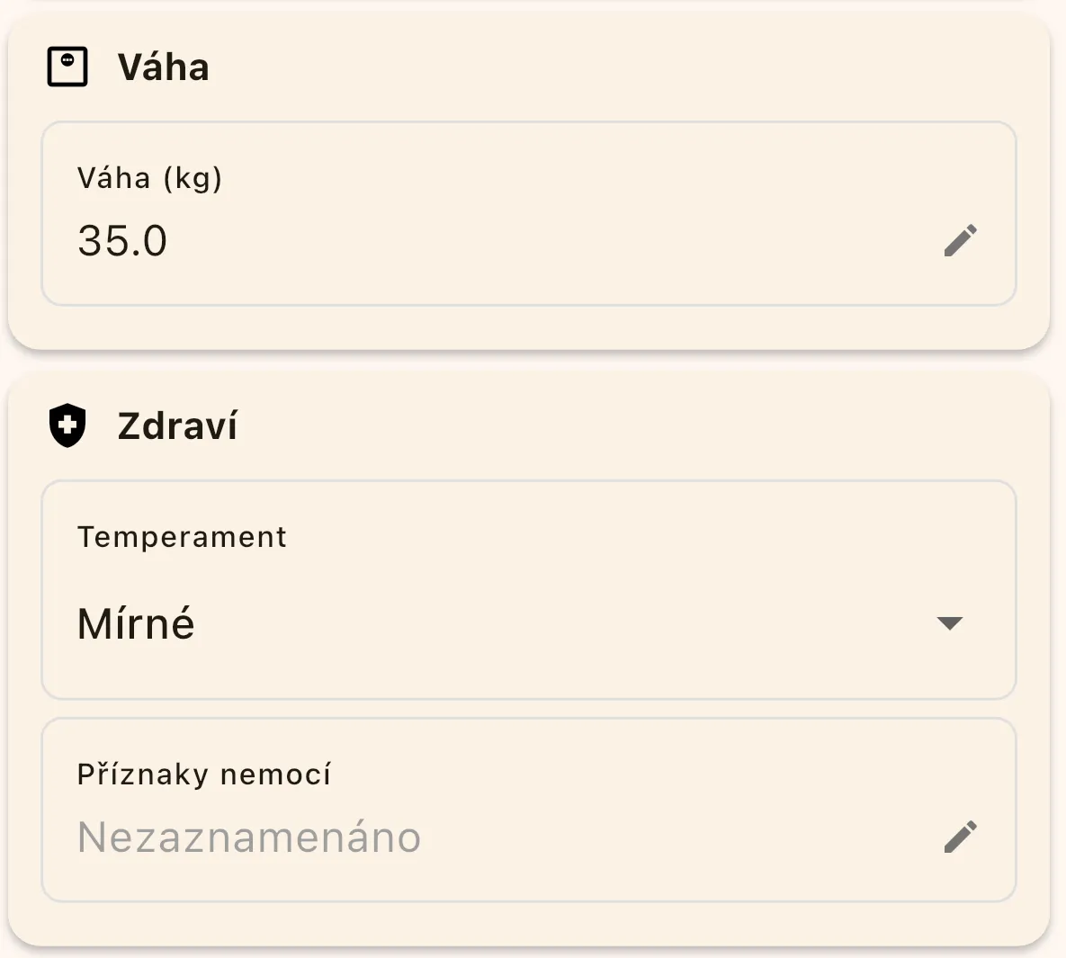 Přehled položek záznamu z prohlídky v aplikaci Manamel