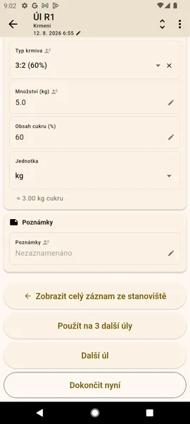 Detail záznamu s tlačítky Použít na N dalších úlů a Další úl