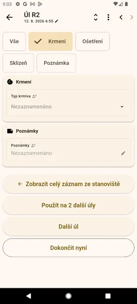 Přepínač druhu záznamu nad formulářem (Vše / Krmení / Ošetření / Sklizeň / Poznámka)