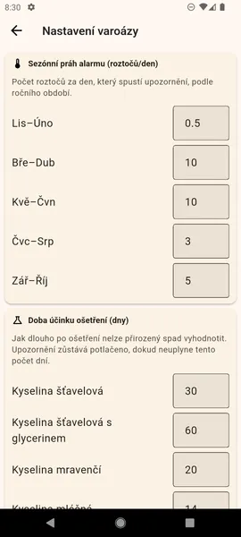 Nastavení → Varoáza (sezónní prahy + doba účinku)